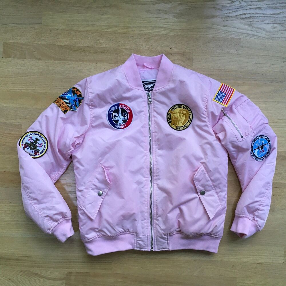 Up and Away Bomber Jacket Womens XL Pink MA-1 Flight Aviator Patches NWOT